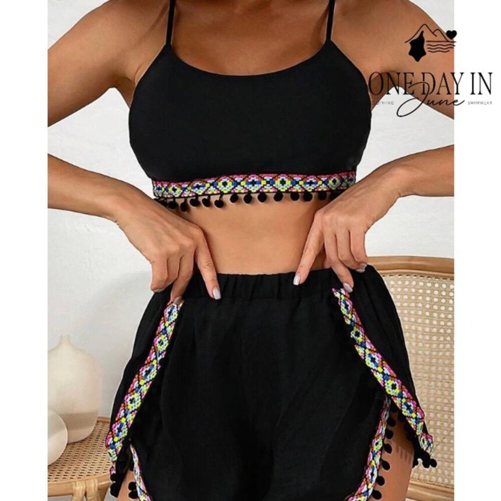 CharmLeaks 3 Piece Bikini Swimsuit Black Pom Pom Trim Shorts Boho Size 0XL